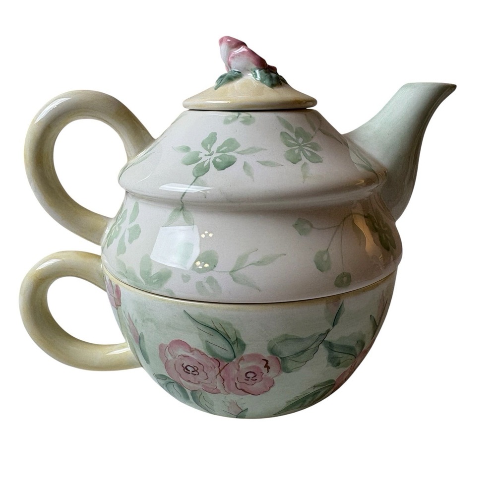 Capriware Ceramic Teapot Tea For One Ivory Pink Roses - Picture 2 of 5